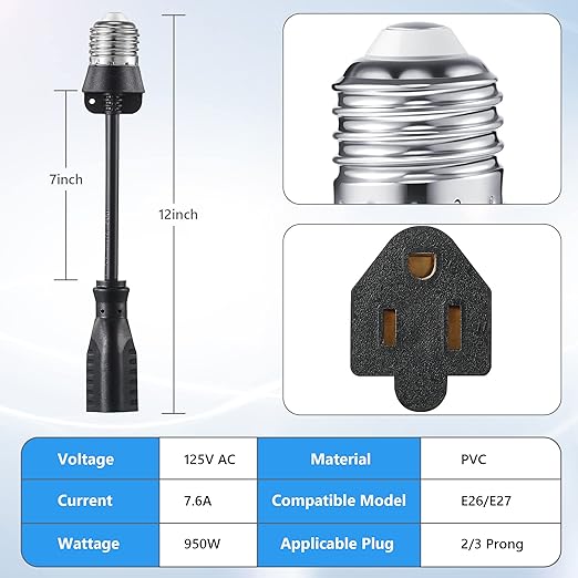 Feekoon 2 Pack 3 Outlet Light Socket Adapter, Convert E26/E27 Bulb Socket to 3 Prong Outlet with Extension Cord, Light Bulb Plug Adapter Converter Suitable for Outdoor Porch Garage Patio Use (Black)