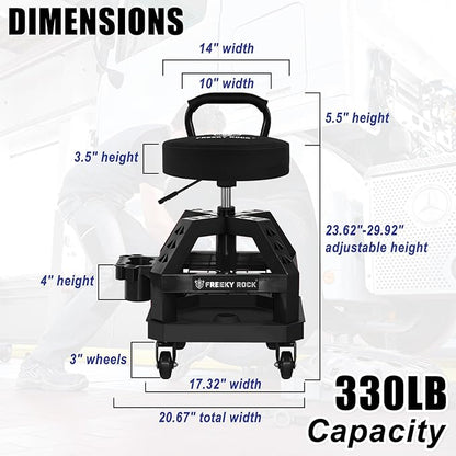 Rolling Shop Stool with Wheels, Heavy Duty Garage Work Mechanic Stool with Backrest, Adjustable Height 360°Swivel Rolling Chair with Tool Tray Storage, 330 LBS Capacity, Black