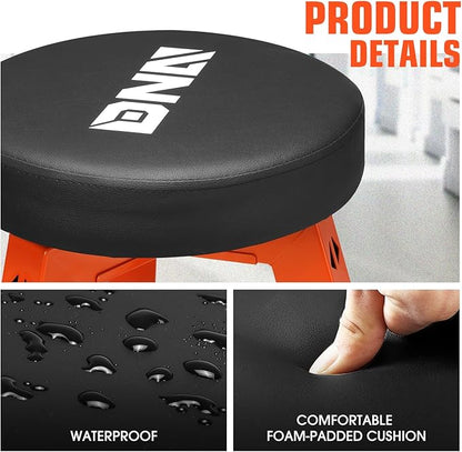 DNA MOTORING Heavy-Duty Padded Seat, Mechanics Shop Garage Stool, 300lbs Capacity Metal Stool Chair for Workshop, W/Tool Storage Tray, 360° Swivel Padded Seat, TOOLS-00639-BK-RD