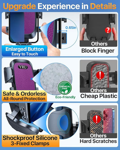 [2025 Upgrade Extreme Strong Suction] YRU Car Phone Holder Mount,[Bumpy Road Stable]Dashboard Cell Phone Holder for Car Vent Windshield Phone Stand for iPhone 16 15 14 13 Pro Max Samsung Truck, Purple