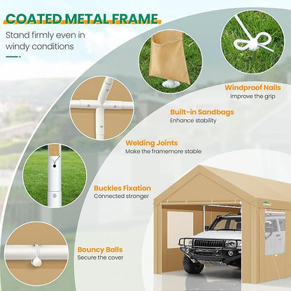COBIZI Carport Canopy 12x20 Heavy Duty Portable Garage with Roll-Up Ventilation Windows & Doors, Removable Sidewalls Car Canopy Tent Waterproof with Built-in Sandbags for Cars, Boats, Trucks, Khaki