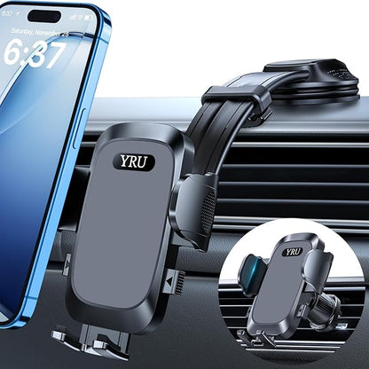YRU [2025 Ultimate Car Phone Holder Mount [Bendable & Adjustable Aluminum Arm] Cell Phone Holder for Car Dashboard Windshield Phone Stand for iPhone16 15 14 13 Pro Max Samsung Pickup Truck,Dark Silver