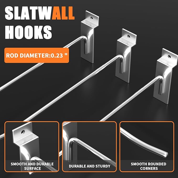 25 PK Silver 10 inch Wall Mounted Slatwall Hooks – Heavy-Duty Storage & Organization Solution