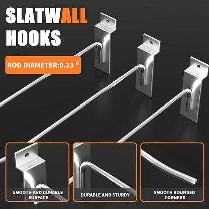 25 PK Silver 10 inch Wall Mounted Slatwall Hooks – Heavy-Duty Storage & Organization Solution