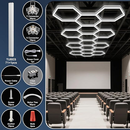 BRILLIHOOD Hexagon Garage Lights, LED Car Detailing Lighting, 568W, 68160LM, 6500K Super Bright, 18 Grid Systems Honeycomb Lights for Garage Warehouse Basement Gym