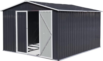 12 x 10 FT Metal Garden Shed, Outdoor Storage Shed with Heavy-Duty Steel Construction, Built-in Punched Vents & Hinged Door, Free Padlock for Secure Backyard, Patio & Garage Storage, Dark Grey
