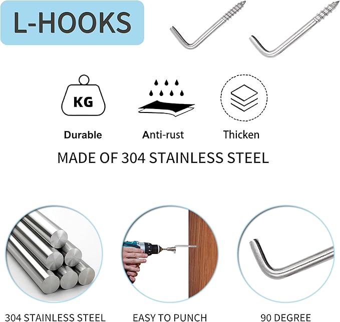 304 Stainless Steel 2-3/4 in Screw-in Hooks 20 Pcs,7 Shape Screw Hooks,Right Angle Medal Hooks l Shaped Screw in Hooks for Hanging