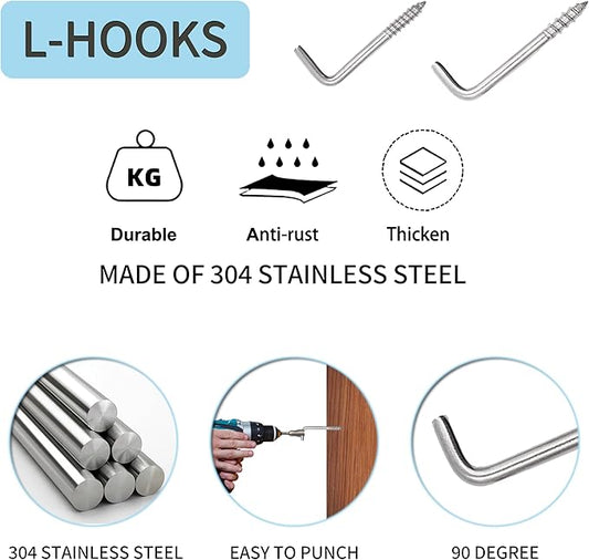304 Stainless Steel 2-3/4 in Screw-in Hooks 20 Pcs,7 Shape Screw Hooks,Right Angle Medal Hooks l Shaped Screw in Hooks for Hanging