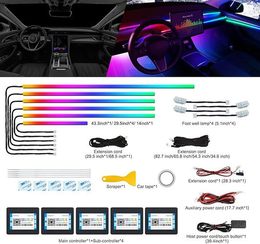 Acrylic Interior Car LED Strip Light with Wireless APP, Dreamcolor RGB 10 in 1 with 175 inches 600 LEDs Fiber Optic Car Ambient Lighting Kits, Dual Zone Sound Active Function LED Strip for Car