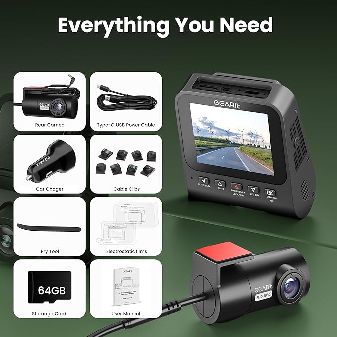 GEARit 4K Dual Dash Cam Front and Rear Camera with WiFi, GPS, Night Vision - 2 Channel Car Camera System with Supercapacitor, Parking Mode, Loop Recording & Free 64GB SD Card