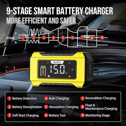 NEXPEAK NC215 15-Amp Battery Charger, Trickle Charger Car Battery Charger 12V 24V LiFePO4 Lead Acid Portable 9-Stage Smart Battery Maintainer w/Temp Compensation for Car Truck Lawn Mower Boat Marine