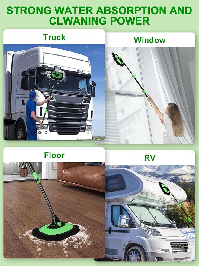 53" 15° Curved Car Wash Brush with Long Handle High Density Chenille Soft Bristle Brush Head Suitable for Cleaning Detail Roof Wheel Windshields Truck SUV RV Window