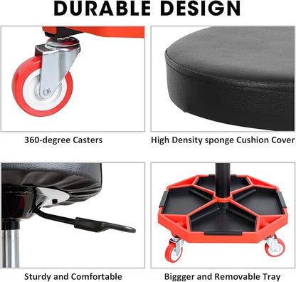 Torin ATRXF8308B Pneumatic Mechanic Stool/Rolling Shop Creeper Seat with Adjustable Height and 4 Removable Tool Trays, 300 lb Capacity, Black/Red
