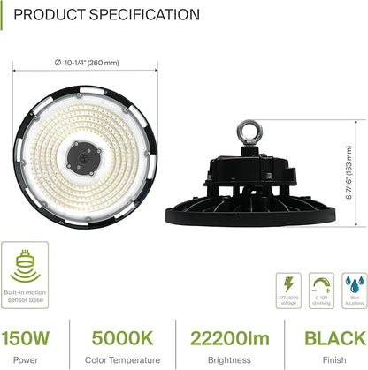 ASD LED High Bay UFO Light Fixture, Commercial Shop Lighting | Dimmable, IP69K Waterproof, DLC Premium, UL Listed | 150W 22000LM 5000K 277-480V | Warehouse, Garage, Workshop, Barn Lamp | Black
