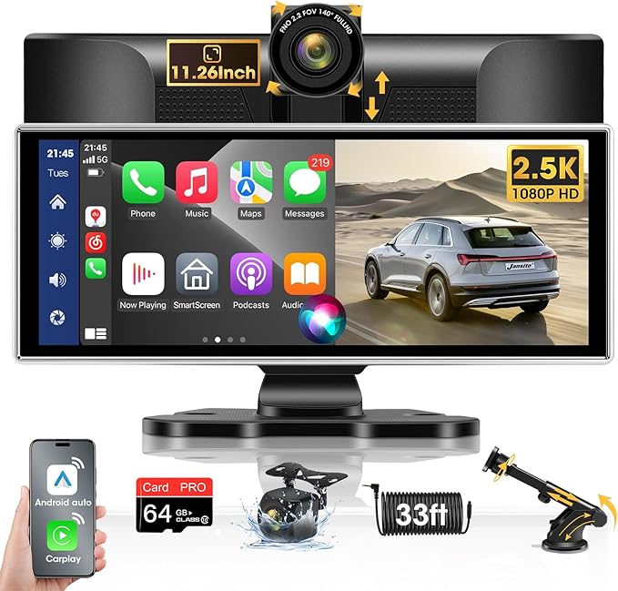 2025 Exclusive 11.26'' Portable Wireless Apple CarPlay Screen for Car & Android Auto Car Stereo, 2.5K Dash Cam 1080P Backup Camera car Audio Receivers/GPS Navigation/Voice Control for All Vehicles