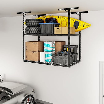FLEXIMOUNTS 3x6 2-Tier Overhead Garage Storage Rack – Adjustable Heavy Duty Metal Garage Ceiling Storage Racks, 880 lbs Capacity – Garages Organization System for 10–15 ft Tall Garages, Black