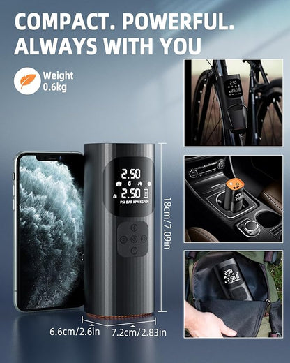 Tire Inflator Portable Air Compressor, 150PSI Cordless Air Pump for Car Tires with Auto Shut-Off Function and Real-Time Accurate Pressure Measurement, Bike Pump for Car, Motorcycle, Bike, Ball