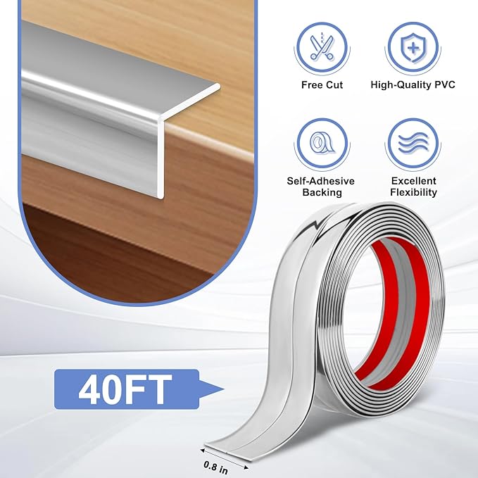 Wall Corner Protector Moulding Trim Peel and Stick Wall Corner Guards Trim Flexible Self Adhesive Edge Protector Moulding, 0.8 in x 40 Ft, Silver
