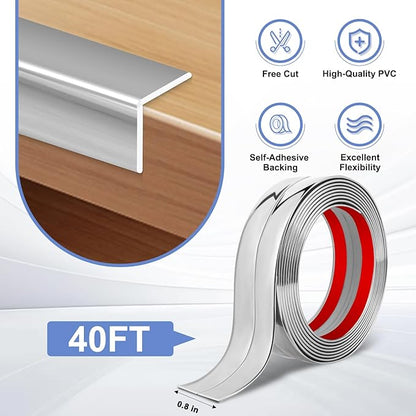 Wall Corner Protector Moulding Trim Peel and Stick Wall Corner Guards Trim Flexible Self Adhesive Edge Protector Moulding, 0.8 in x 40 Ft, Silver