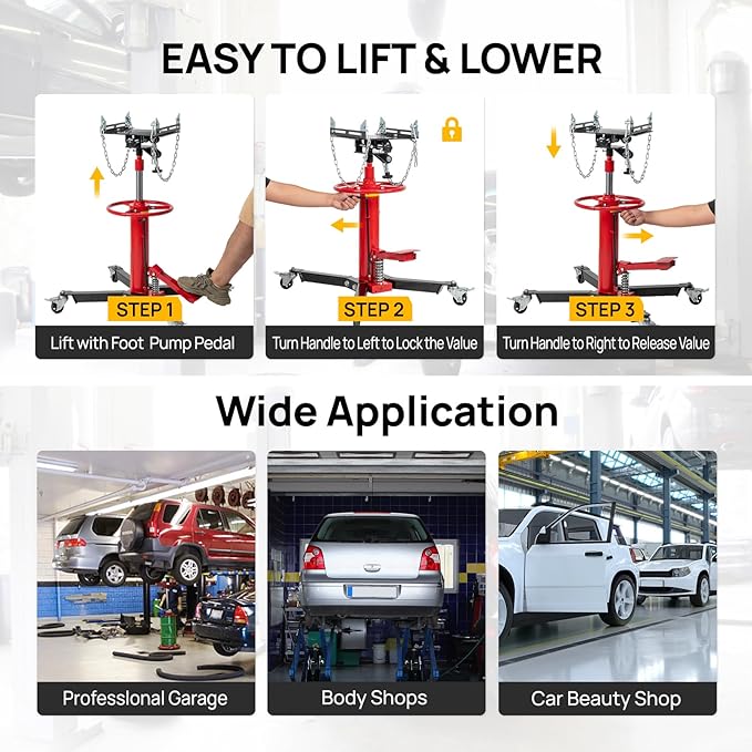 TUFFIOM Transmission Jack, 1660 lbs 3/4-Ton Hydraulic 2-Stage High Lift Vertical Telescoping Floor Jack Stand, 34" to 68" Lifting Range, w/Pedal, 360° Swivel Wheels, Garage/Shop Lift Hoist, Red