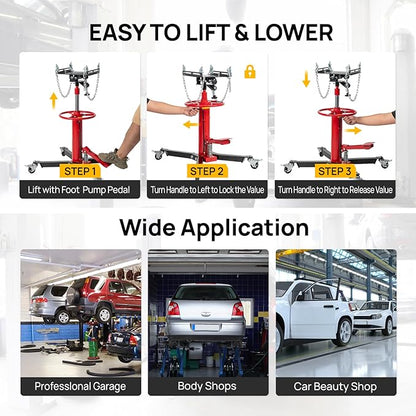 TUFFIOM Transmission Jack, 1660 lbs 3/4-Ton Hydraulic 2-Stage High Lift Vertical Telescoping Floor Jack Stand, 34" to 68" Lifting Range, w/Pedal, 360° Swivel Wheels, Garage/Shop Lift Hoist, Red