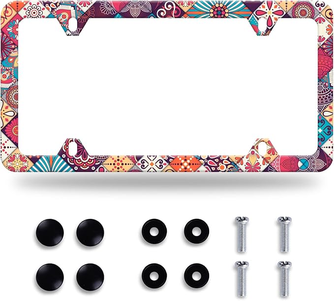 Stitching Tile Boho Pattern License Plate Frame Stainless Steel Parts Colorful License Plate Decorative with Screws Size 12.3" x 6.3" Women
