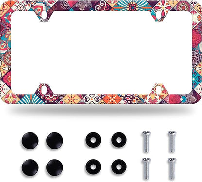 Stitching Tile Boho Pattern License Plate Frame Stainless Steel Parts Colorful License Plate Decorative with Screws Size 12.3" x 6.3" Women