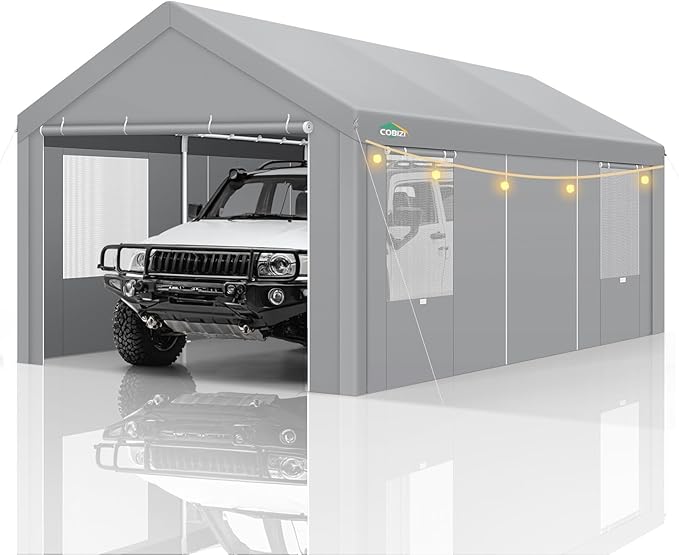 COBIZI Carport Canopy 12x20 Heavy Duty Portable Garage with Removable Sidewalls & Doors, Galvanized Frame Car Port Canopy Tent Waterproof with Built-in Sandbags for Car Boat Truck, Gray