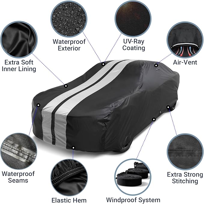 iCarCover Custom Car Cover Compatible with Mustang 1969-1973, Waterproof All Weather Rain Snow UV Sun Protector Full Exterior Indoor Outdoor Car Covers, Stripe (Black/Gray)