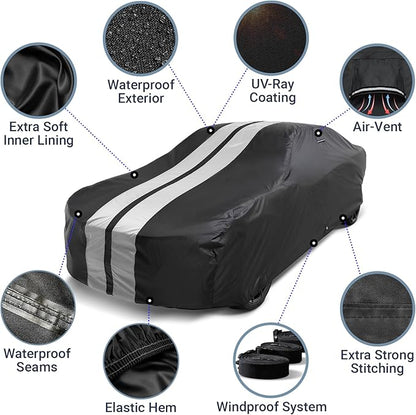 iCarCover Custom Car Cover Compatible with Mustang 1969-1973, Waterproof All Weather Rain Snow UV Sun Protector Full Exterior Indoor Outdoor Car Covers, Stripe (Black/Gray)