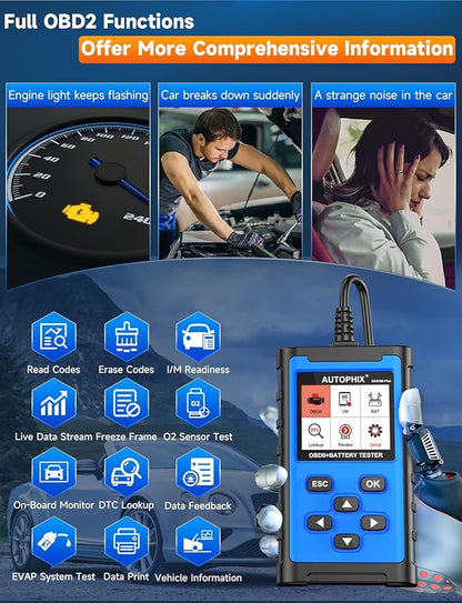 AUTOPHIX BAS300 Plus OBD2 Scanner & Battery Tester(Upgrade of BAS100), 2-in-1 Car Diagnostic Tool, 12V 100-2000 CCA Battery Charging Cranking Test, Check Engine Light Car Code Reader for All US Cars