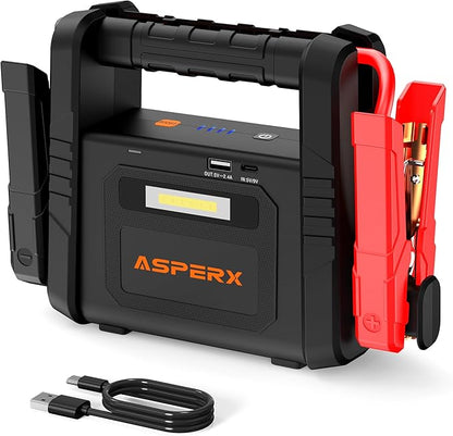 AsperX 6000A Car Jump Starter, Battery Jumper Starter Portable for 12V Vehicles (for All Gas or up to 12L Diesel) - Car Battery Charger with LED Flashlight and Jumper Cables