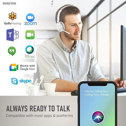 Bluetooth Headset, Wireless Headset with Dual Noise Canceling Microphone for Work &USB Dongle, QCC 5.2 Bluetooth Headphones with Mic Mute/Charge Dock for Computer Cell Phone Office Call Meetings Teams