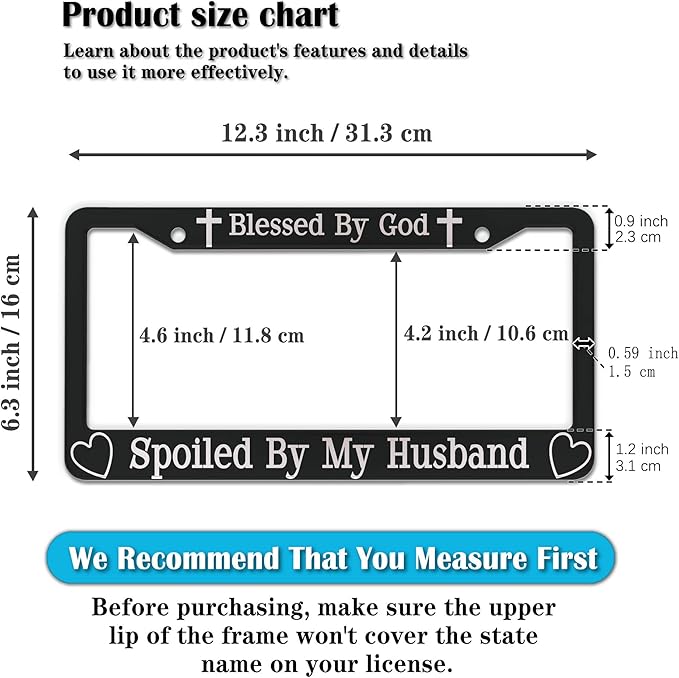 License Plate Frames Black and White Front License Plate Bracket Blessed by God Spoiled by My Husband Aluminum Metal Car Accessory 2 Pack with Screw Covers Set