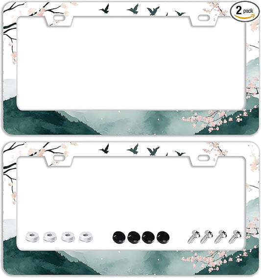 Mountains Cherry Blossom License Plate Frames - 2 Pcs Set 2 Holes Stainless Steel Metal Auto Car Accessories Decoration License Plate Frame Cover Size 6.3" x 12.2" Fit US Vehicles for Women Men Gift