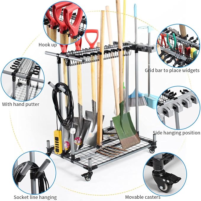 Mobile garden tool organizer metal Garage Storage Holder storage large long lawn tools heavy duty tool rack sturdy yard cart