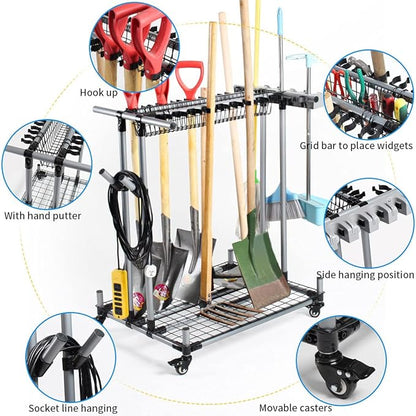 Mobile garden tool organizer metal Garage Storage Holder storage large long lawn tools heavy duty tool rack sturdy yard cart