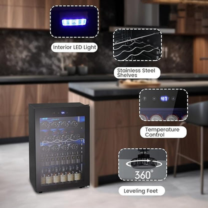 37 Bottle Wine Fridge,Freestanding 145 Can Beverage Refrigerator with Smart Temperature Control，4.5 CU FT Quiet Mini Fridge with Child Lock Panel for Family Restaurant Bar, Black