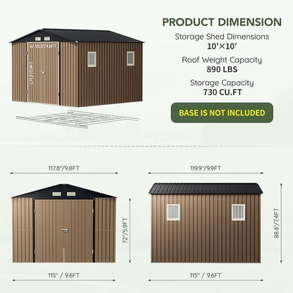 10x10 FT Outdoor Metal Storage Shed, Double Swing Doors, 2 Clear Windows,Tool Shed for Garden, Patio, Backyard Brown