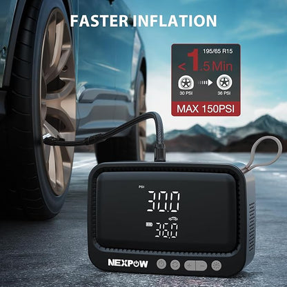 NEXPOW Tire Inflator Portable Air Compressor, 150 PSI Cordless Air Pump for Car Tires with Digital Pressure Gauge & Auto Shut-Off, Air Compressor Portable for Car, Motorcycle, Bicycle, Balls, Gray
