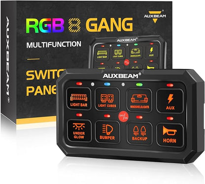 Auxbeam Switch Panel RGB 5 Inch Large 8 Gang Switch Panel RA80 XL Toggle Momentary Pulsed 12V Switch Panel for Car Truck SUV RV Camper Van Offroad Accessories 2 Years Warranty