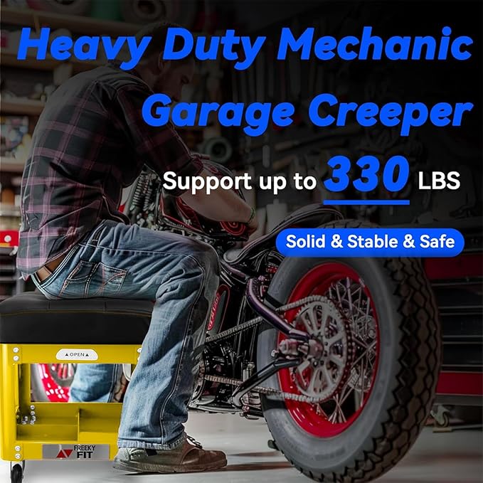 Rolling Creeper Garage Shop Seat for Men, Padded Mechanics Stool with Tool Tray Storage for Garage, Rolling Workshop Stool with Wheels, Auto Creeper Seat, 330 LBS Capacity, Heavy Duty,Yellow