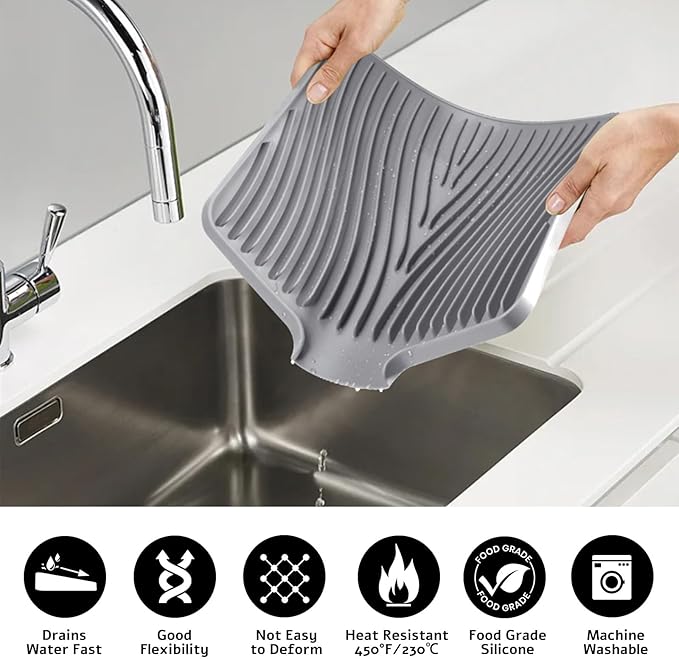 Dish Drying Mat, Stone Drying Mat for Kitchen Counter with Built-in Drain, Non-Slip Drying Matt Kitchen Counter, Heat Resistant Silicone Drying Mat, 2 Pcs(15.8"X 13", Grey)