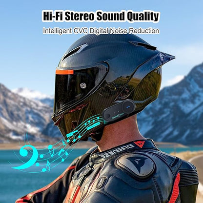 FreedConn TCOM VB Motorcycle Helmet Bluetooth Headset, Motorcycle Communication Systems with CVC Noise Cancellation, Stereo Music, 3 Riders 0.5mi/800m intercom, 12Hrs Intercom, IP65, 2 Pack