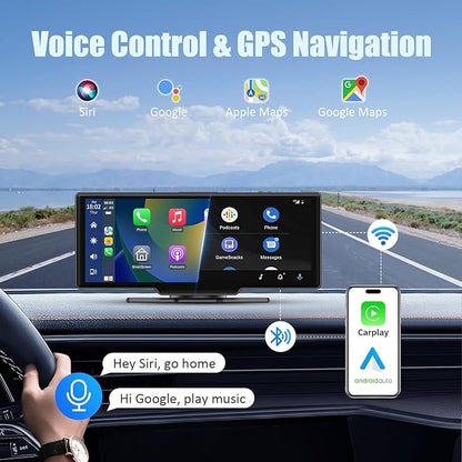 Wireless Carplay Screen, 10.26"Portable Car play & Android Auto Touch Screen, Bluetooth Double Din Car Stereo with 4K Dash Cam,1080P Backup Camera/Mirror Link/Voice Control/GPS/AUX/FM for All Vehicles
