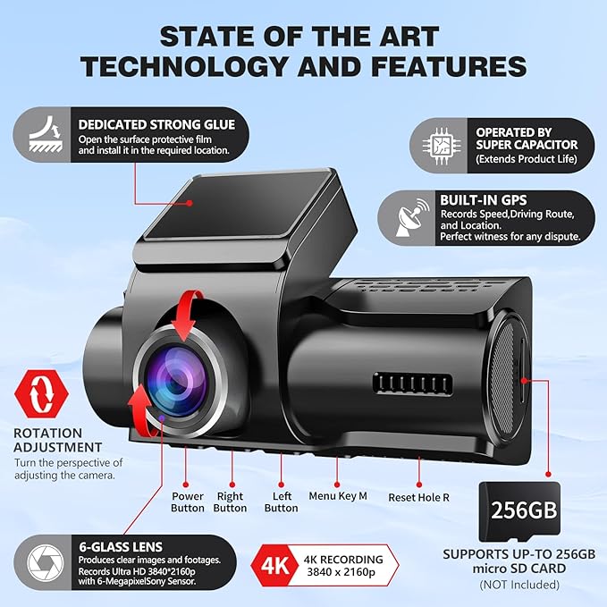 Dash Cam Front and Rear, UHD 4K Night Vision Dash Camera for Car with 3.2'' IPS Screen, 30FPS Dashcam Built-in GPS with App Control, 24H Parking Mode, G-Sensor