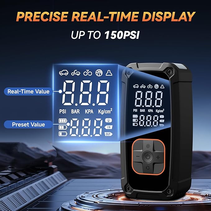 Tire Inflator Portable Air Compressor - 150PSI Air Compressor Portable with Tire Pressure Gauge and Led Lights, Fast Inflation & Auto Shutoff Function,Air Pump For Car Tires, Bike, Motorcycle, Ball