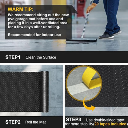7.5x25 FT Garage Floor Mat, 2.8mm Thickened Flooring Roll for Under Car with 20Pcs Tapes, 188SQFT Diamond Plate, Non-Slip Floor Protector Mat for Garage, Warehouse, Gyms, Trailer(Black)