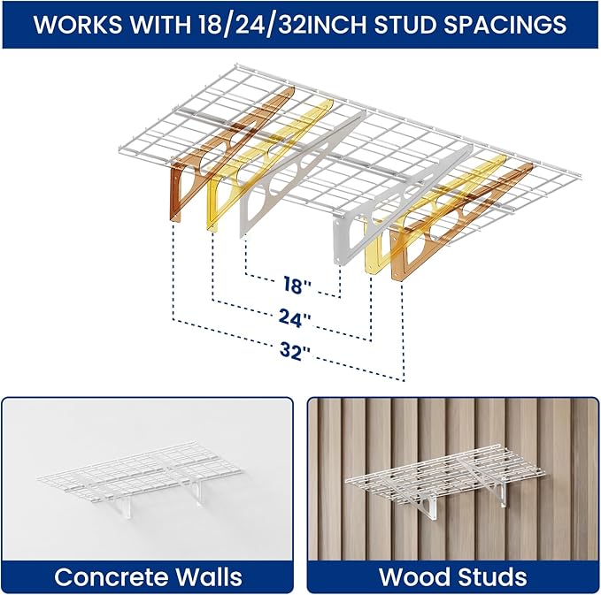 LEXIMOUNTS 2-Pack 2x4ft Garage Shelving with Hooks, 24-inch-by-48-inch Wall Shelf Garage Storage Racks Floating Shelves, White