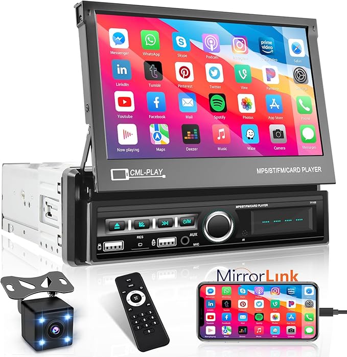 Hikity Single Din Touchscreen Car Stereo 7 Inch Touch Screen Car Radio, Automatic Flip Out Sceen Car Stereo with FM Radio, Bluetooth, Mirror Link, EQ, USB/TF/AUX Input, SWC, Backup Cam